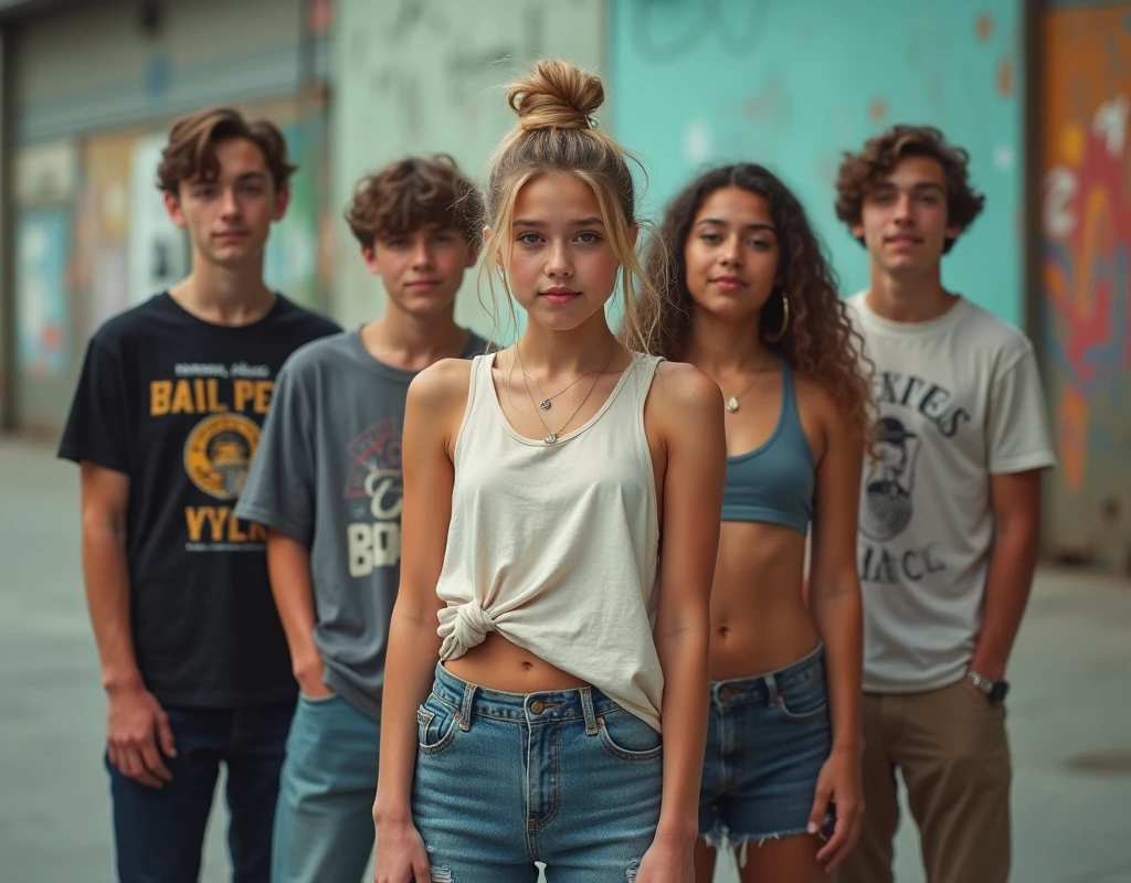 Photo of a teenage girl in skater fashion and her male and female friends. Everyone is wearing a tank top