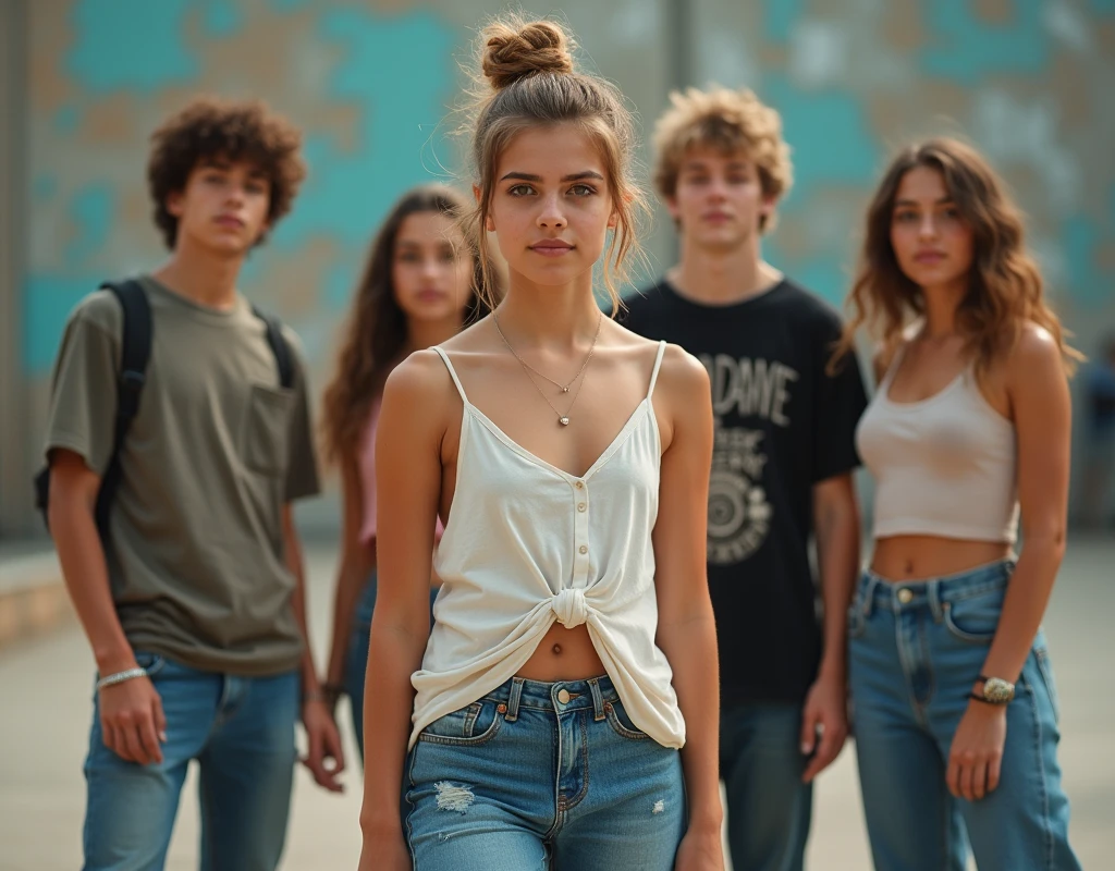 Photo of a teenage girl in skater fashion and her male and female friends. Everyone is wearing a tank top