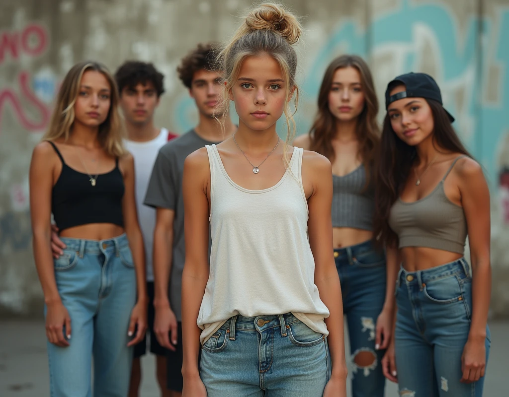 Photo of a teenage girl in skater fashion and her male and female friends. Everyone is wearing a tank top