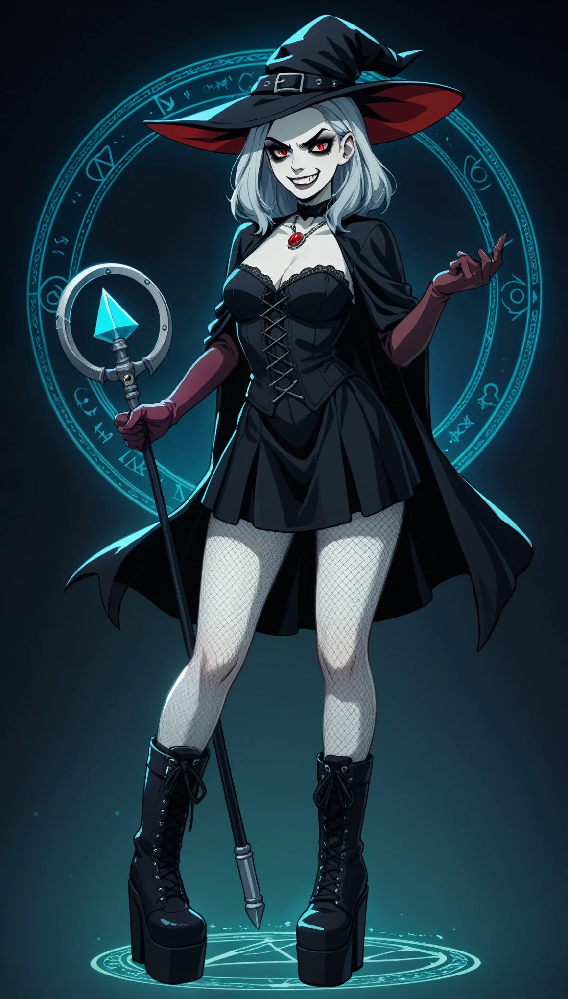 score_9, score_8_up, score_7_up, score_6_up, score_5_up, score_4_up, BREAK source_anime, [source_anthro], rating_safe, [rating_explicit],

 a  buff tall emo pale witch gothic angry woman in witch hat, black velvets, lace, fishnets and leather tinged with scarlet or purple, accessorized with tightly laced corsets, gloves, platform boots and silver jewellery depicting occult themes wicked smile evil smirk  shredding axe with swagger with  glowing hex circle magic infusion design  , depicting occult themes, 