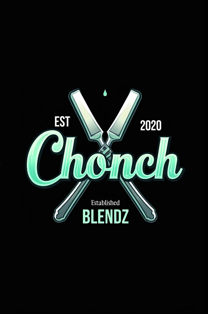 Create a flat vector, illustrative-style emblem logo design for a San Diego urban barber 'ChonchBlendz' established in 2020 , featuring barber poles , modern straight razors crossed in the center of the company name. Use bright green, blue, grey and white colors to convey trust, premium service and a luxury experience against a black background. English Writing established 2020