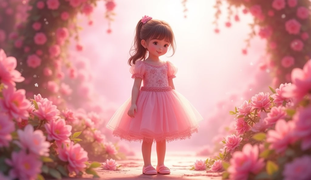 Real girl with half ponytail, pink princess dress with shoes, standing in pink with flowers, pink princess background with flowers