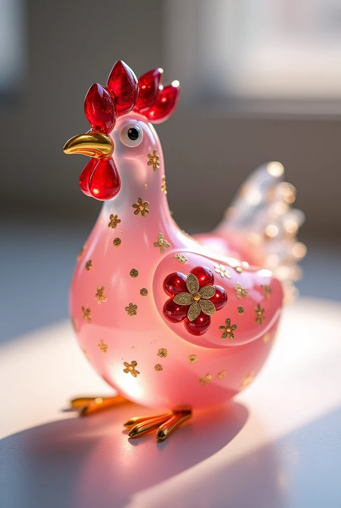 Very delicate tiny pink chicken made of translucent glass, decorated with small gold and red accents. Beautiful and delicate details, shimmering light. Finest quality glass art.