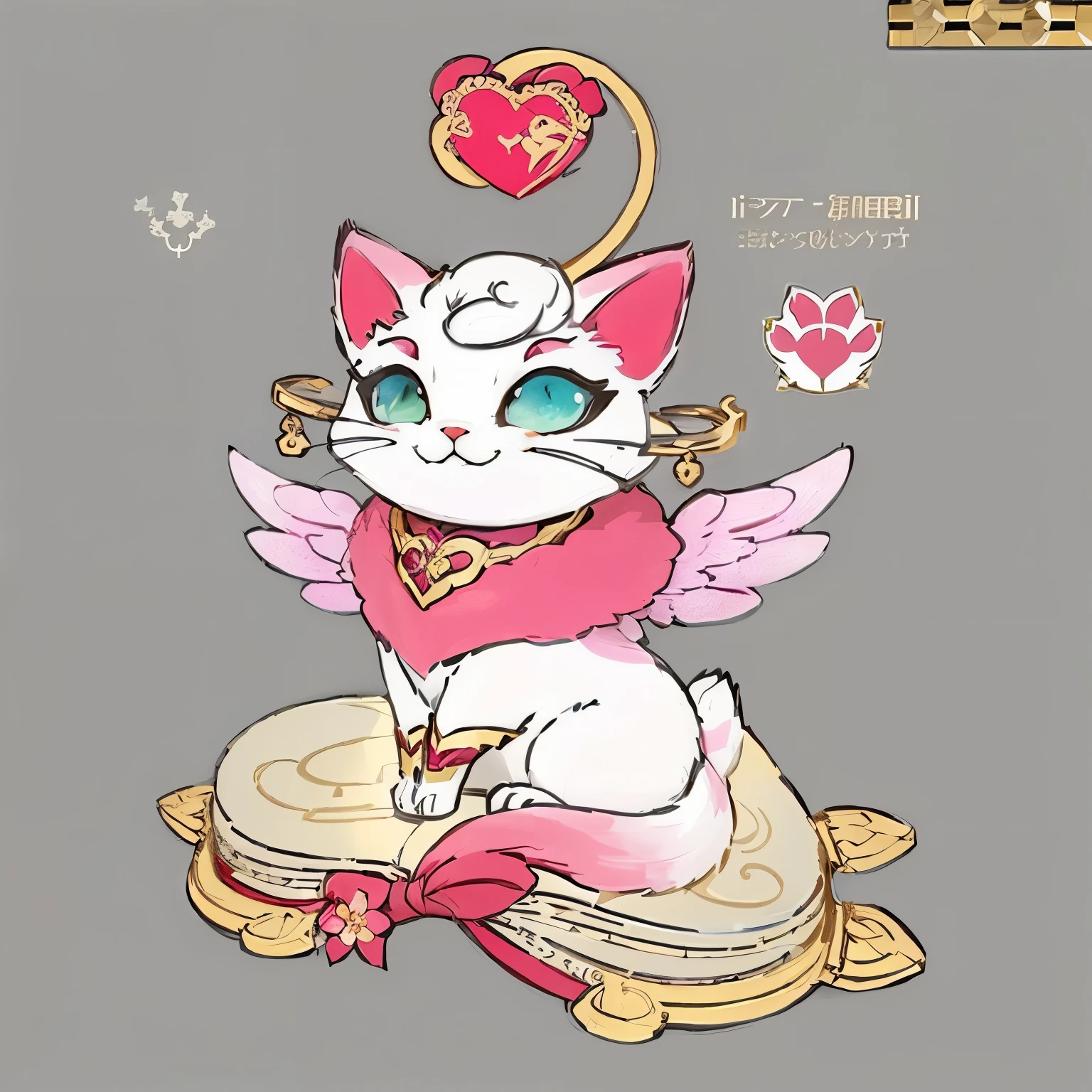 One wears a crown on his head，cartoon cat with wings，Small animals, A cute little flower cat,, mascot, Means to become rich sitting on a red cushion, Dressed in gorgeous costumes， Smile, HD anime style digital art, Blind Box, Pop Mart, handicraft, Detailed digital 2D fantasy art, 8k high quality detailed art, Detailed digital anime art, Porcelain texture, High Detail, precise, High Detail, precise, High Detail, precise, High Detail, precise, High Detail, precise