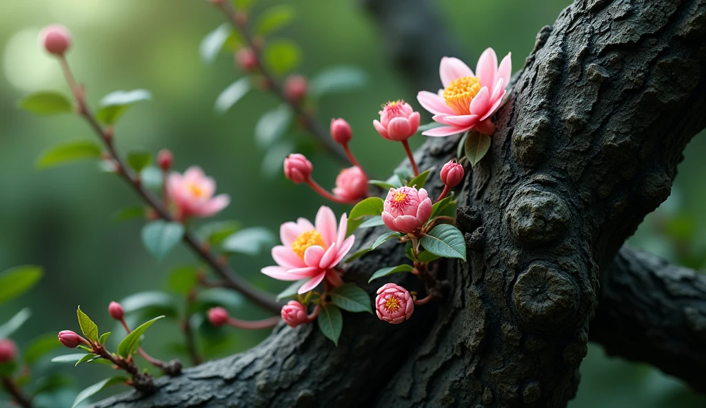 There is a kind of wood in the osmanthus forest,It is shaped like a grain but has a black texture.,Its flowers are very gorgeous(best quality,4K,8k,High level,masterpiece:1.2),Ultra Detailed,(lifelike,Photo real,Photo real:1.37)