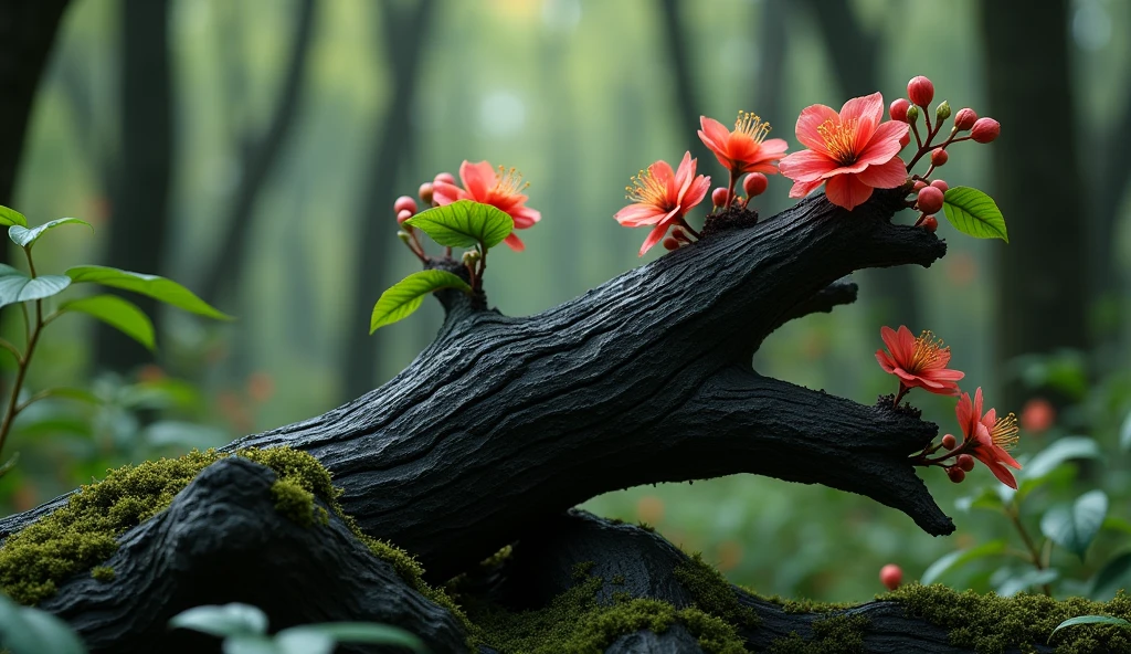 There is a kind of wood in the osmanthus forest,It is shaped like a grain but has a black texture.,Its flowers are very gorgeous(best quality,4K,8k,High level,masterpiece:1.2),Ultra Detailed,(lifelike,Photo real,Photo real:1.37)