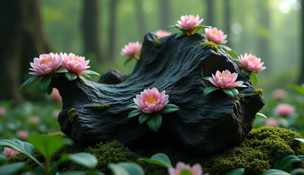 There is a kind of wood in the osmanthus forest,It is shaped like a grain but has a black texture.,Its flowers are very gorgeous(best quality,4K,8k,High level,masterpiece:1.2),Ultra Detailed,(lifelike,Photo real,Photo real:1.37)