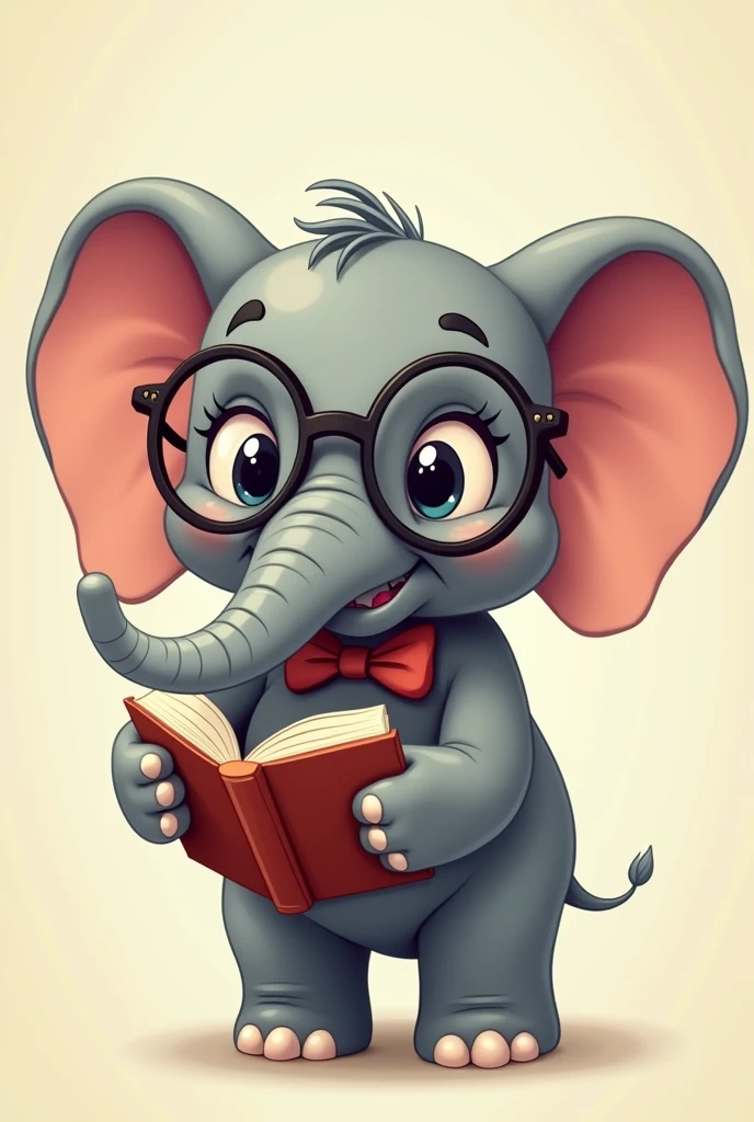 Create an image of a cartoon elephant with a nerdy appearance. The elephant should be wearing round glasses, a bow tie, and holding a book. The elephant should have a friendly and intelligent expression, with large ears and a playful, slightly whimsical style. The background should be simple, allowing the character to stand out."