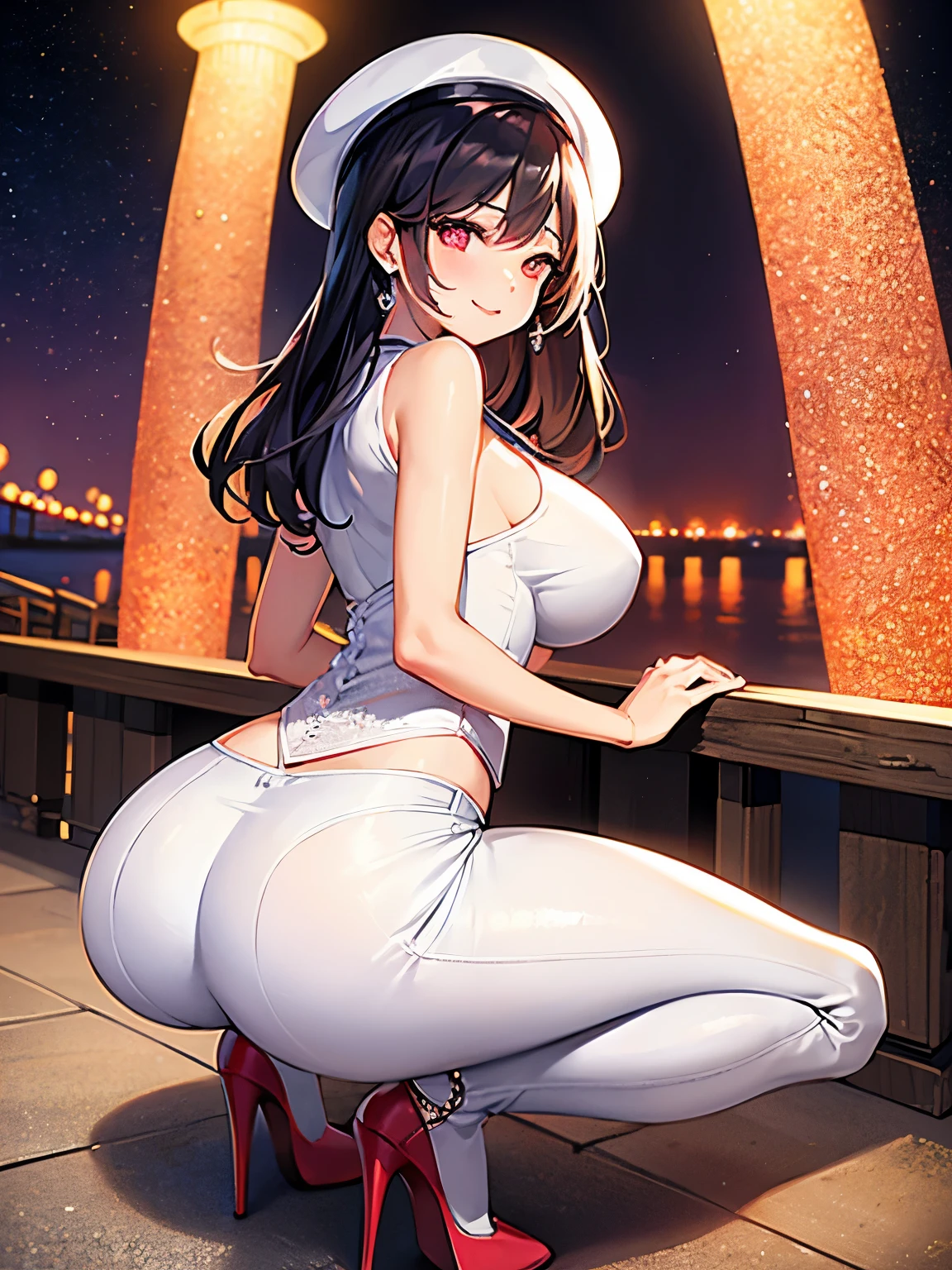 One female、skinny pants　White、All-lace pattern　Sleeveless shirt　pink、Big Breasts、Beautiful feet、smile、Black Hair　long hair、Seaside Park　Night view　handrail、Crouching　Butt　Looking back、Diamond Earrings、Chain Necklaces、Red High Heels、Black Band Bag、Women&#39;s Watches　Silver