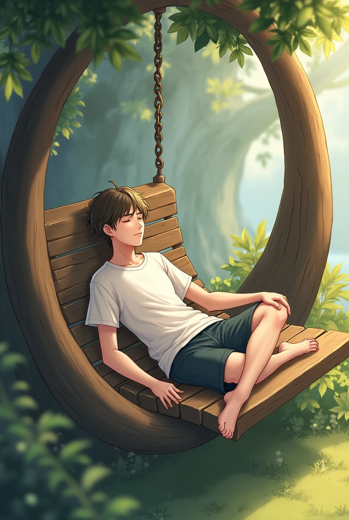 A handsome anime man sleeping in the big swing