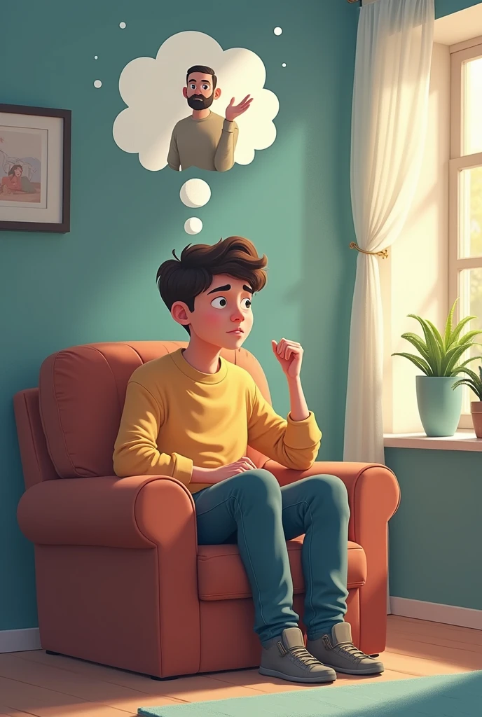 Alex is sitting quietly in a serene room, with a thought bubble showing a calm, guiding figure of himself (cartoonised)