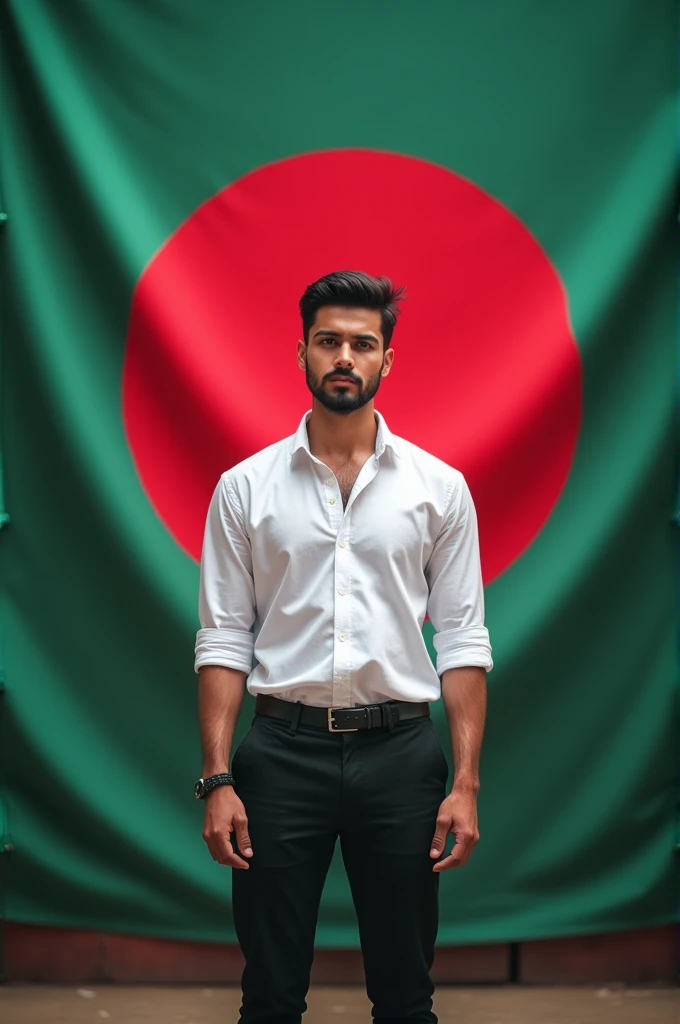 A Bangladesh flag full background and a handsome slim guy wearing white lose frees shirt with black trouser standing after that background 