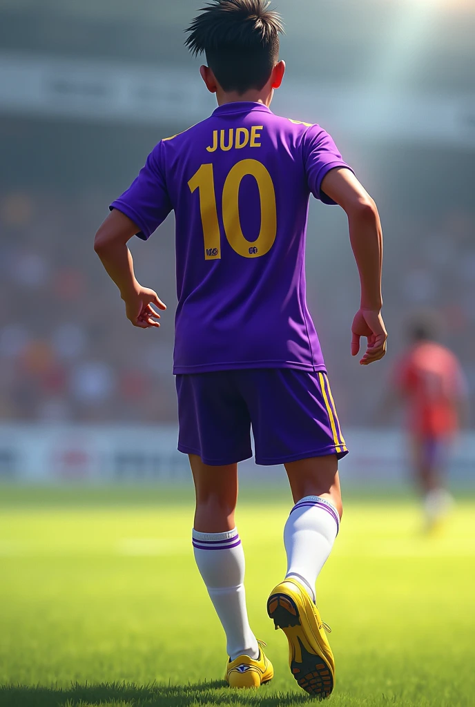 A football player with violet jersey his number was 10 and name was jude  good looking his team was Ghss kamballur and yellow boots with white scoks with violet shorts. Show the back portion 

