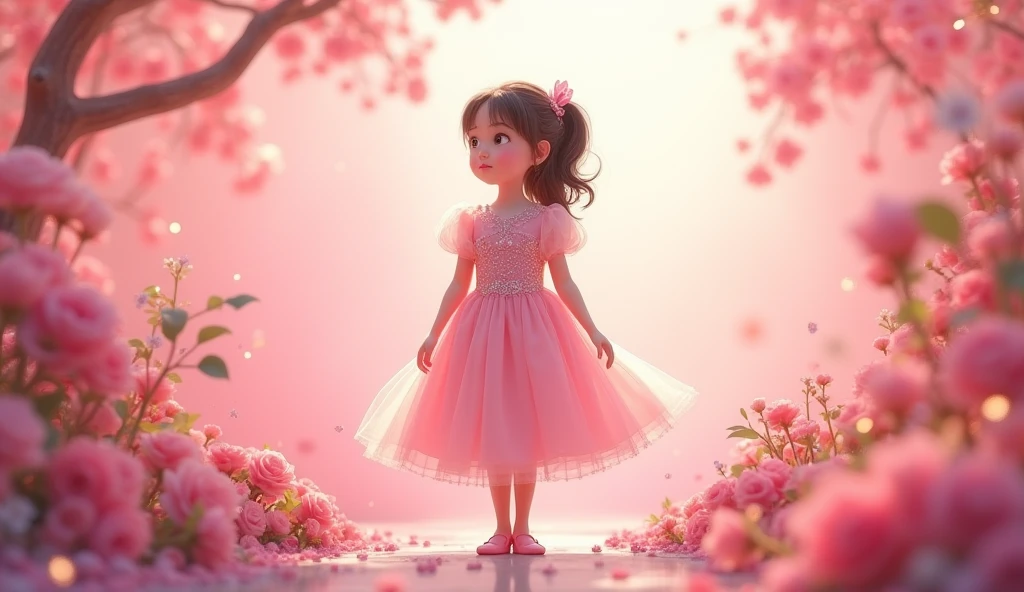  real pinay  girls  7  semi ponytail hair with gown princess pink with shoes pink standing with flowers background princess pink with flowers  