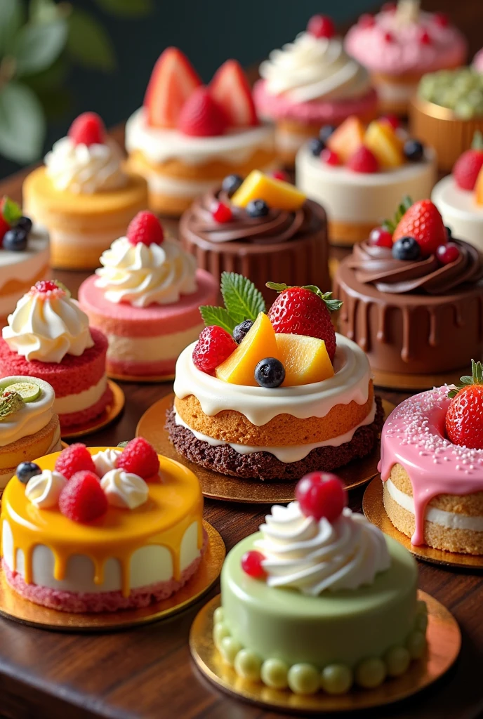 Colorful fruit cakes lined up on the table、Chocolate cake、Shortcake、Pistachio cake、15 other types