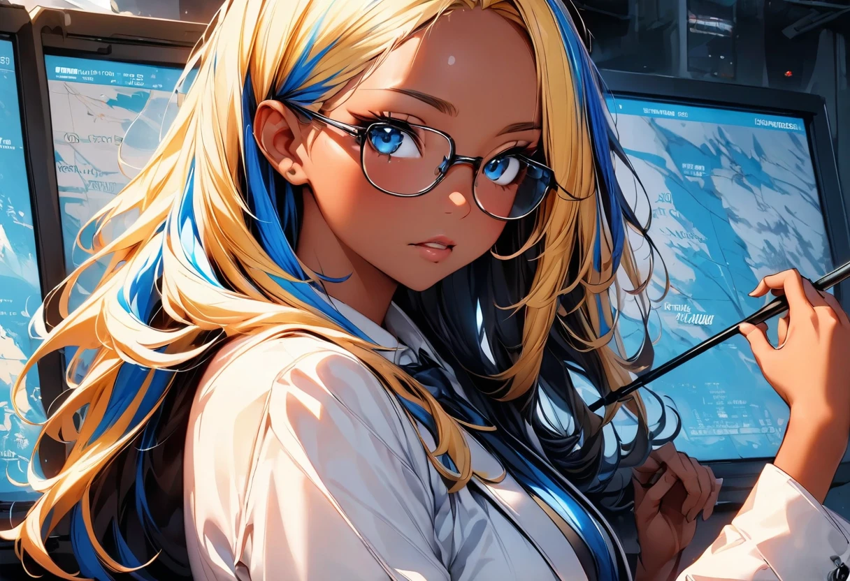 (highest quality:1.2, Very detailed, up to date, Vibrant, Ultra-high resolution, High Contrast, masterpiece:1.2, highest quality, Best aesthetics), Portraiture、girl、slim, Bright colors、Beautiful fine details、Beautiful lip detail、long hair, ((wavy hair:0.4))、messy hair, blonde and blue ((streaked hair:1.3)), highlights hair: 1.3, (medium breast:1), (tan skin:1.3), weather forecaster, glasses, wearing a suit, big weather map behind, holding pointer, in TV screen, look at viewer, upper body