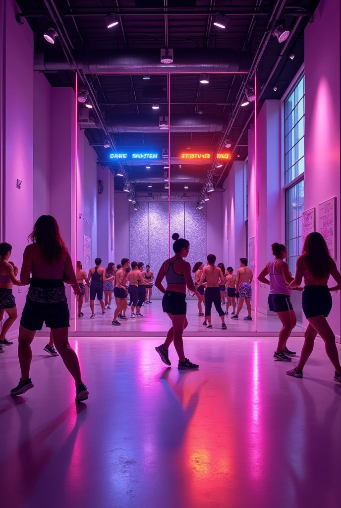 Zumba hall with front side covered with mirror and led lights with the side walls having purple colour combination with one side having windows.
