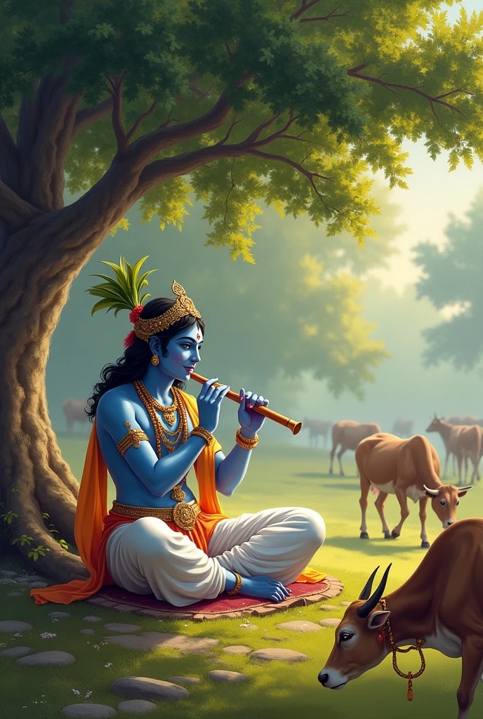 Krishna ji playing flute while sitting in the ground under the tree and 7 cows are grazing arround him.