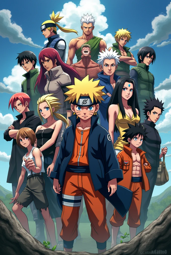 Naruto,levi,luffy,zoro, Goku,gon freecss,guts,Kakashi,L,satoru gojo,light yagami,tanjiro,vegita,Saitama,Itachi uchiha,eren,Leon Fou Bartfort this all anime character in one picture for pc wallpapers size