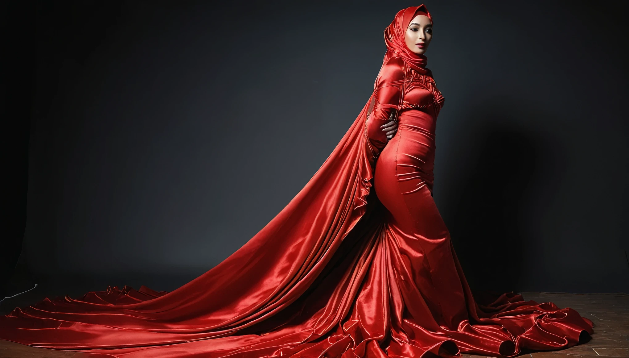 A woman shrouded in a 10-meter-long, plush red satin cloth, tightly bound and grandly draping along the form of her body, flowing off into a pooled floor-length train, styled in a mermaid-inspired outfit, her head modestly veiled in a satin hijab, tall woman, walking in photo studio, a full-body pose posing in front of people, captured in a 4k resolution, ultra-realistic