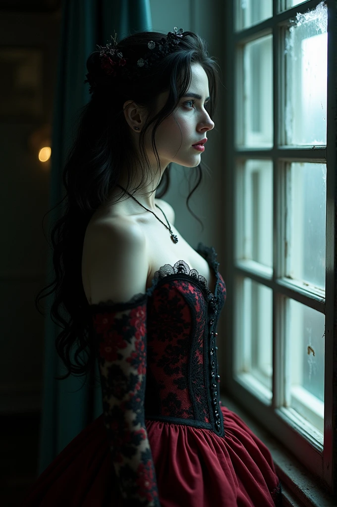 Vampire woman looking very sadly out the window , beautiful face , with a very pretty gothic dress