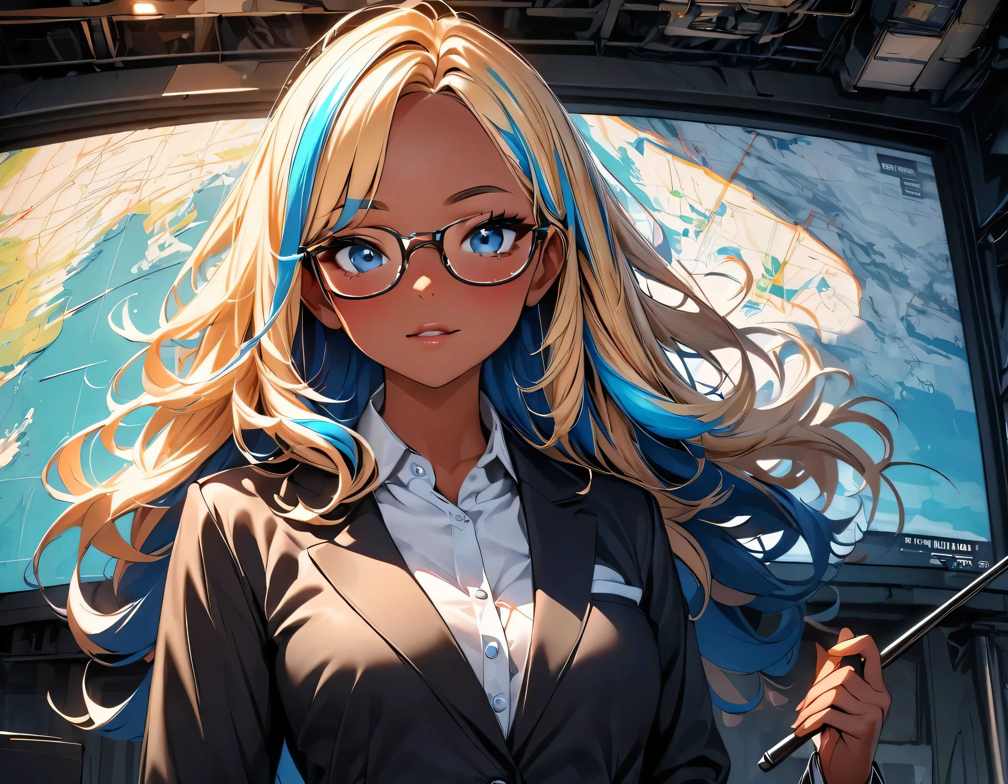 (highest quality:1.2, Very detailed, up to date, Vibrant, Ultra-high resolution, High Contrast, masterpiece:1.2, highest quality, Best aesthetics), Portraiture、girl、slim, Bright colors、Beautiful fine details、Beautiful lip detail、long hair, ((wavy hair:0.4))、messy hair, blonde and blue ((streaked hair:1.3)), highlights hair: 1.3, (medium breast:1), (tan skin:1.3), weather forecaster, glasses, wearing a suit, big weather map behind, holding pointer, in TV screen, look at viewer, upper body