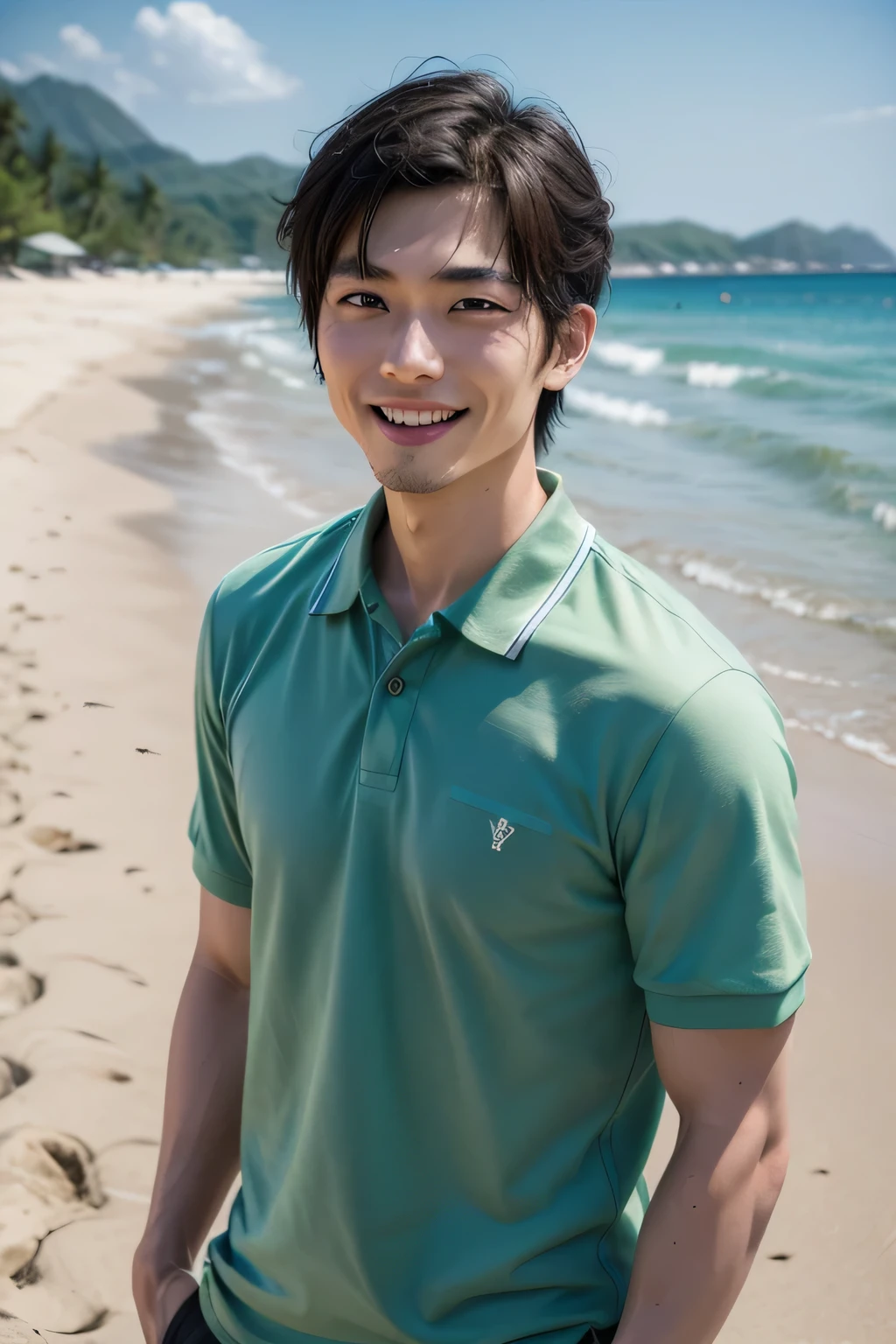 A handsome, muscular young Asian man looks at the camera. In a plain yellow t-shirt , Fieldside, grass, beach, sunlight