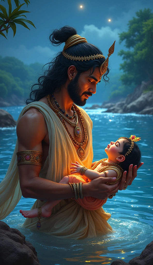 Krishna’s Birth and Rescue**
- **Image Content**: A scene of Vasudev carrying baby Krishna across the Yamuna River, with the river depicted as calm and divine.
- **Text Overlay**: "नवजात कृष्ण को कंस के अत्याचार से बचाने के लिए वासुदेव ने मथुरा से गोकुल में पहुँचाया।"
These images should reflect the essence of each part of the story, using vibrant colors and traditional motifs to capture the spirit of Krishna's life and teachings.