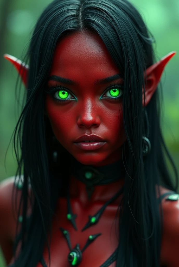 ultra quality, masterpiece, young Eredar girl, World of Warcraft, beautiful black long hair, Beautiful face, beautiful female lips, draenei black lips, looks at the camera, eyes slightly open, red skin, detailed beautiful female eyes, green big eyes glow, dark eyeliner warlock, greenfire