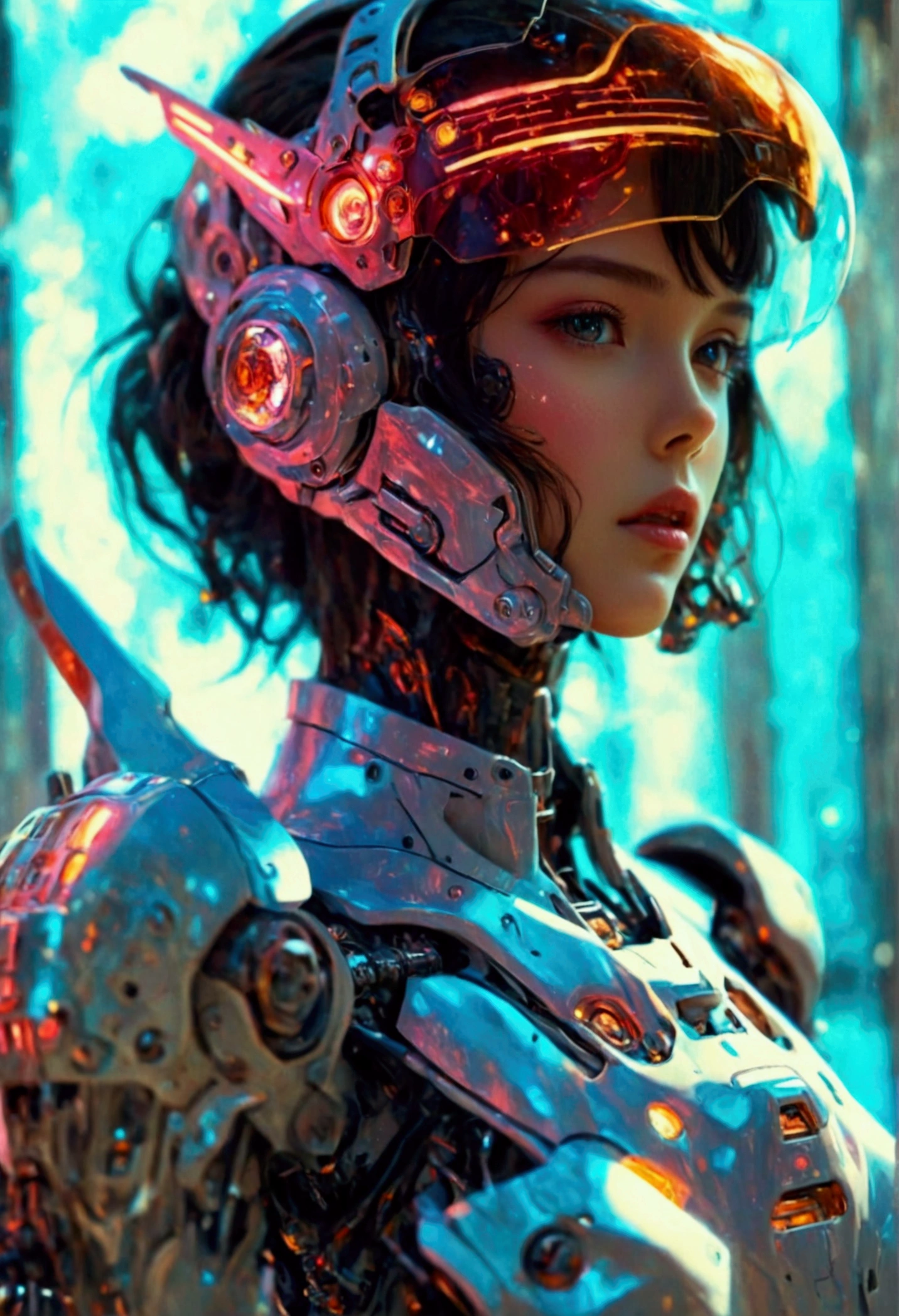 AI girl in exosuit as supermodel on a mecha-bike, intricate detailed, best as AI can reach