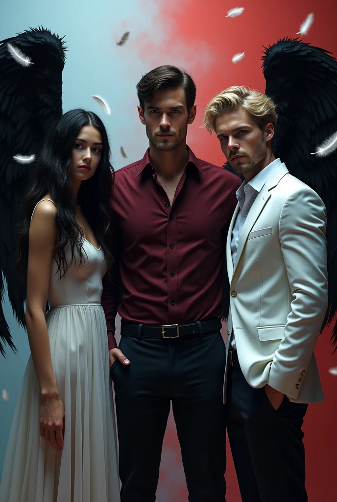 the protagonist , a young girl with wavy black hair, with a fine face, features like Megan Fox, with a dress, To his right is Lucifer, a handsome black-haired man with a wine-colored shirt and suit pants and his black wings barely noticeable similar to the actor Tom Ellis and to his left a blond man in a white suit , and barely perceptible white wings. The three characters in a closer shot , similar al actor Jeremy Irvine. Background between light blue ,red and black, with feathers as decoration.