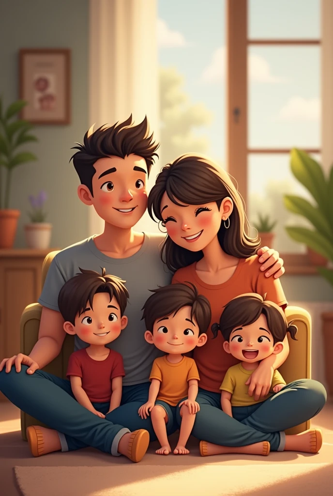 Family photo: father sitting on a chair wearing a K shirt, mother wearing a W shirt sitting on a chair next to father, child 1 wearing a TM shirt sitting on the floor in the middle, child 2 wearing a TT shirt sitting on the floor in front of father, child 3 wearing a W shirt sitting on the floor in front of mother.