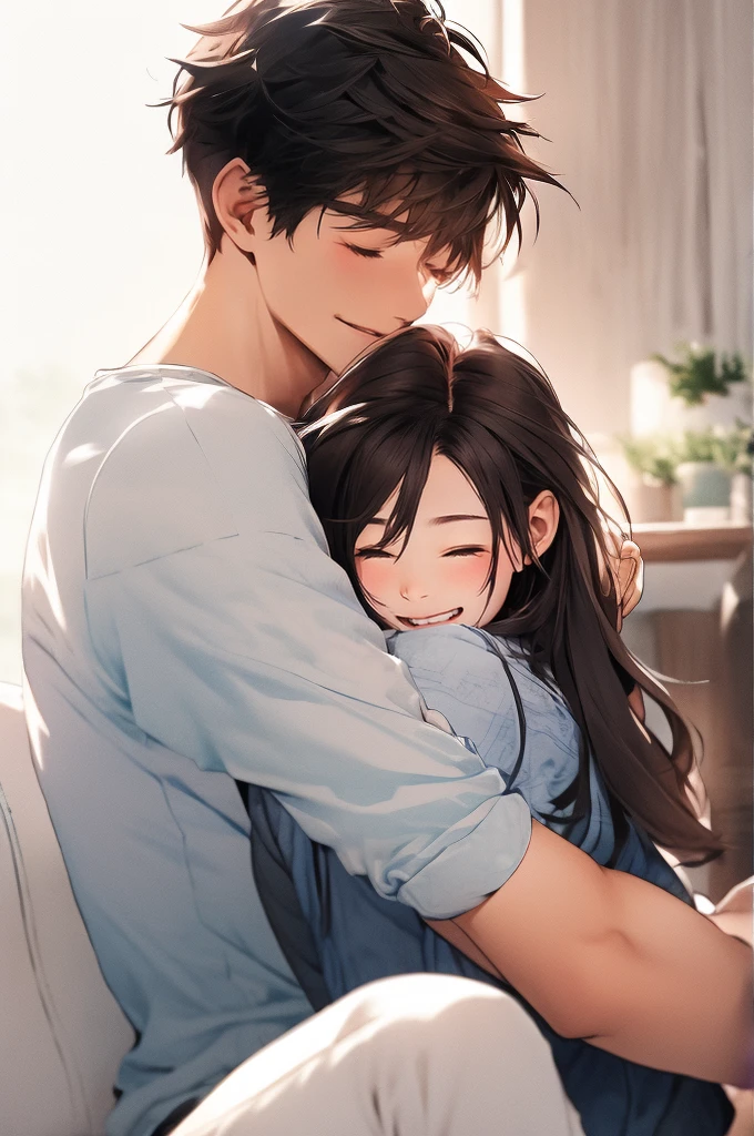 A good couple、Hug while laughing、happiness、couple