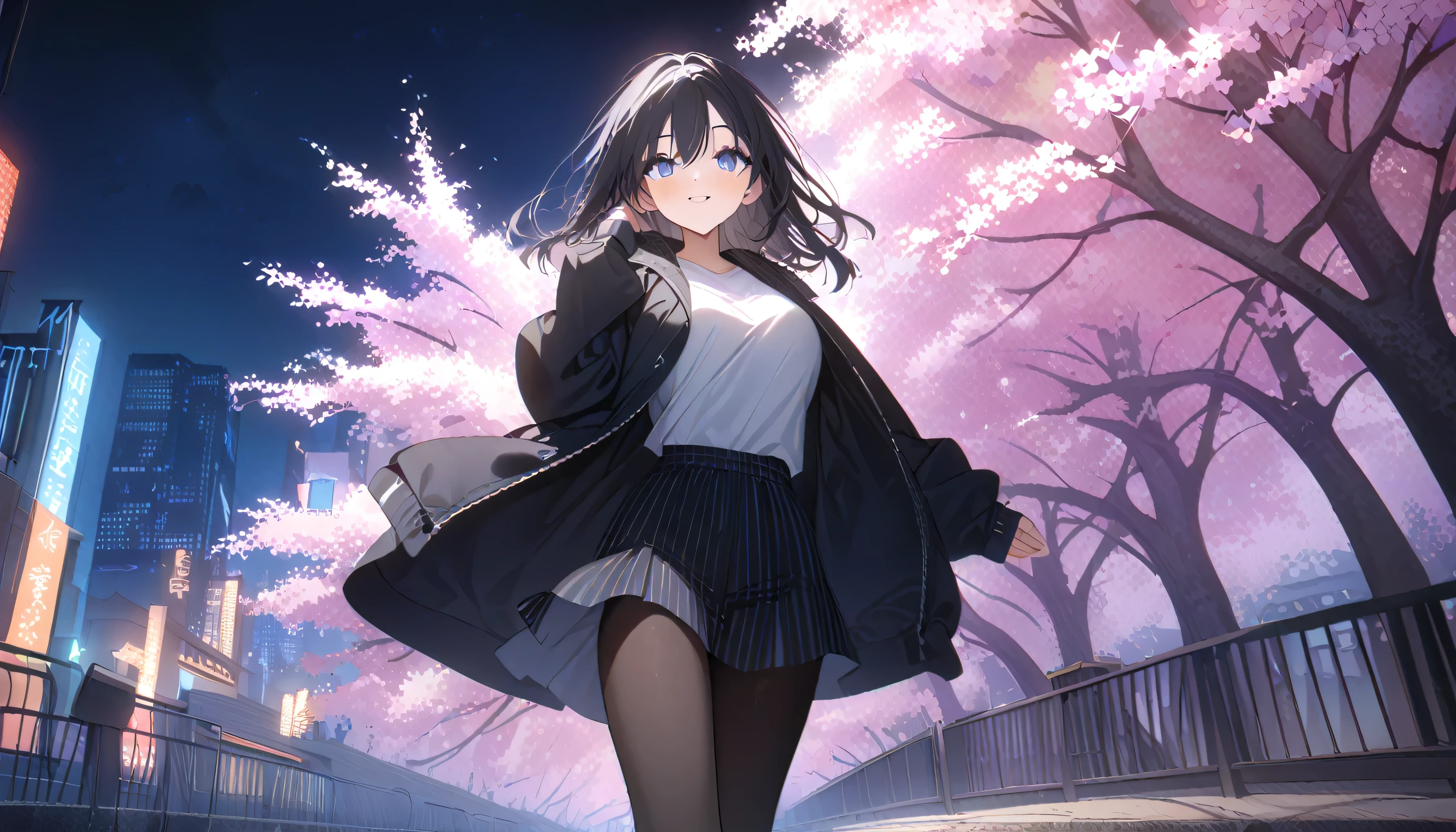 masterpiece, high quality, 16k resolution, detailed, beautiful anime girl, large breasts, slender waist, pale skin, black hair, fine hair, simple clothing, white T-shirt, no accessories, (looking away:1.4), (walking in neon-lit night city), spring season, comfortable weather, discovering beautiful night cherry blossoms, neon lights, joyful expression, looking up at cherry tree, stunning smile, captivating eyes, delicate face, artistic, emotional depth, serene atmosphere, detailed background, vibrant colors, breathtaking beauty, ((MrKb)), full body shot