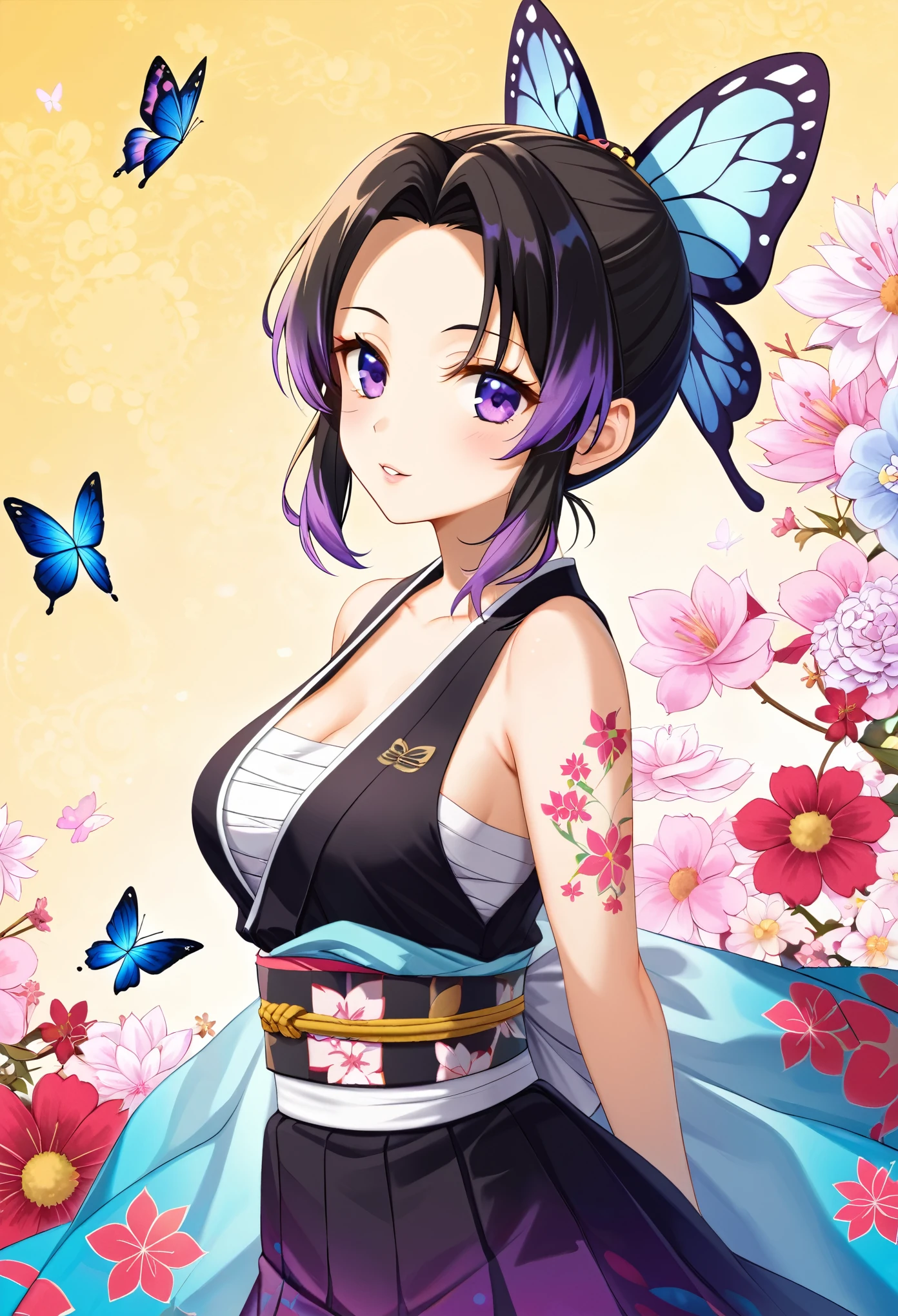 A mesmerizing surreal illustration of a young japanese woman resembling Shinobu Kouchou. She has black hair, purple eyes, a butterfly hair ornament, and wears a vibrant pastel colored outfit adorned with intricate floral patterns. She has a smooth, warm complexion, and bold, colorful tattoos cover her arms and legs. The tattoos feature traditional Japanese motifs like flowers and mythical creatures, rendered with meticulous detail in a pastel color palette. The background is a vintage floral-patterned wallpaper that complements the artwork's colors. The line work is precise, with delicate shading that gives the illustration a 3D quality. The artwork fuses modern illustration techniques with traditional Japanese aesthetics, resulting in a visually striking, portrait, Shinobu_Kocho, butterfly_hairpiece, multicolored_hair, purple_hair, black_hair, medium breasts, slender, arms behind back, 
