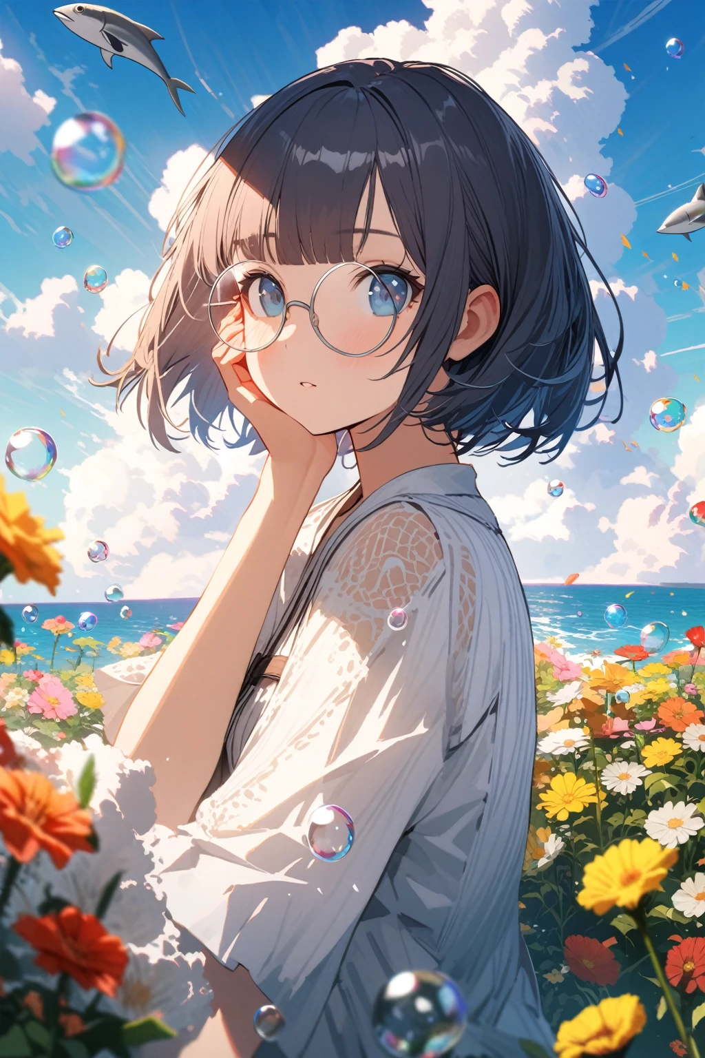(extremely detailed fine touch:1.3), girl, solo, alone, 2.5d, (((silver semi-rimless round eyewear:1.3))), short hair, smooth hair, blunt bangs, look up sun, hand on own face, flower garden, sea, cumulonimbus, flying fish, soap bubble,
