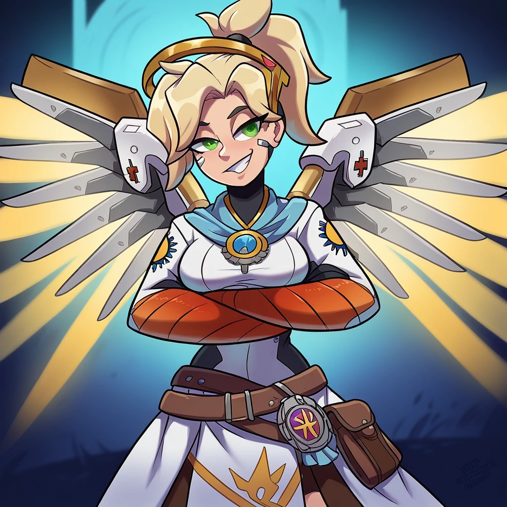 best quality, masterpiece, eye reflection, best quality, masterpiece, mercy eye reflection, alone, sculptural perfect body, blonde,overwatch mercy style hairstyle, green eyes, two arms, tomb raider style neckline clothing, utilitarian belt, alone, command room, 8k, masterpiece, highres, absurdres, natural volumetric lighting and best shadows, deep depth of field, sharp focus, naughty face, super yummy, medium breasts, elements of warhammer 40k, hyper detailed scenery, goddess