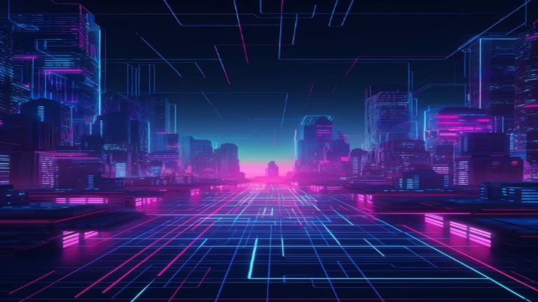 Futuristic city with neon lights and neon grid, in a futuristic cyberpunk city, Synthwave City, Cybernetic background of the city, futuristic city street, cyberpunk atmosphere, Cyberpunk cityscape, Cyberpunk city setting, detailed neon cyberpunk city, Cyberpunk background, Futuristic cyberpunk city, Cyberpunk cityscape, cyberpunk aesthetics, Neon metropolis in the background, Cyberpunk city, futuristic street