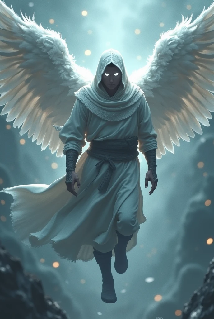 (Guerrero joven with ala angelicales) with (Pair of white eyes ) (with un punto negro en el medio de cada uno) and (A black circle inside the eyes surrounds those black spots ) (These eyes shine, it has a hood) ( alas with estela blanca) (masculine) ( levitating)