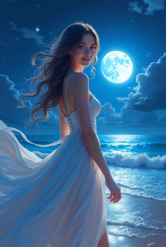(masterpiece, top quality, best quality, official art, beautiful and aesthetic:1.2), (1girl), extreme detailed,(fractal art:1.3),colorful,highest detailed,sorrindo, vestindo uma saia,olhos azul iluminado, praia,noite,lua,galaxy.