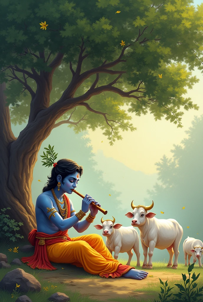 Krishna ji playing flute while sitting in the ground under the tree and seven cows are grazing arround him.