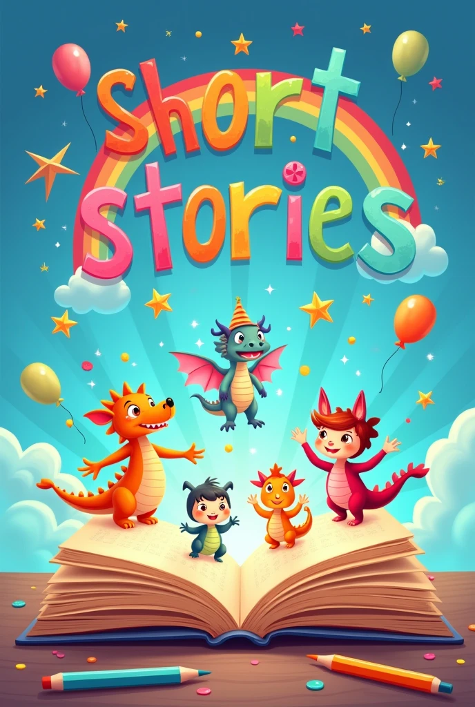 A square cartoon image with a vibrant blue background with a rainbow stretching across the sky. At the center, there is a big open book, there are animated fairy tale characters, like cute animals, friendly dragons, and children's heroes coming out of the pages. colorful balloons, confetti and stars shine around the book, giving a touch of celebration and fun. At the top, the name " SHORT STORIES " in Portuguese and in a cheerful and fun font, with vivid colors, like yellow and red, destacando-se contra o fundo. ao redor, toys and colored pencils scattered around, suggesting creativity and fun.