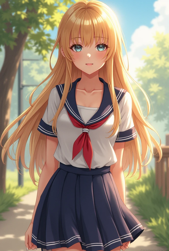country (Lazurny Lane),(source), school_uniform (With a plunging neckline),1 girl,beautiful blonde with perfect ((large breasts)), One,on open air, I look at the viewer,(big bright eyes,Plump glowing lips), masterpiece, Best quality, ultra detailed, illustration,