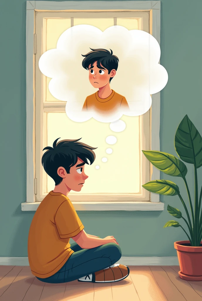 Alex is sitting quietly in a serene room, with a thought bubble showing a calm, guiding figure of himself (cartoonised)
Himself in the thought bubble 
Alex should have a worried expression but the thought bubble Alex should have a calm smile 