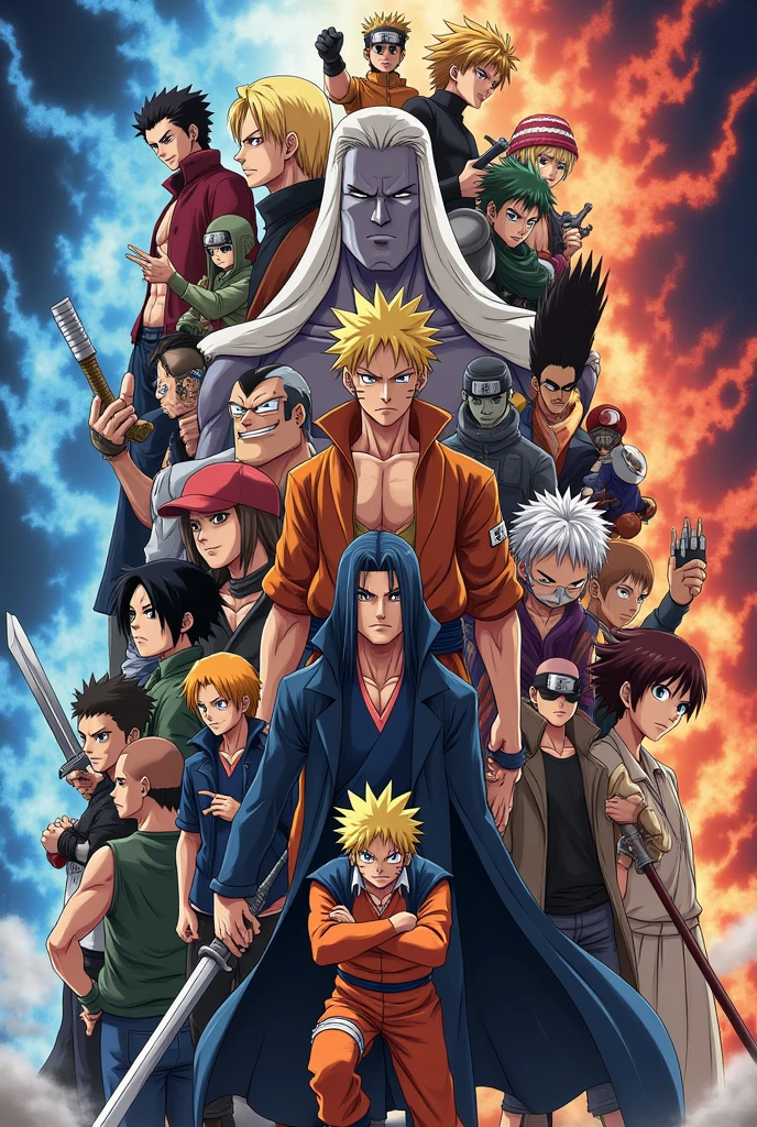 Naruto, levi, luffy, zoro, Goku, gon freecss, guts, Kakashi, L, satoru gojo, light yagami, tanjiro, vegita, Saitama, Itachi uchiha, eren, Leon Fou Bartfort this all anime character in one picture for pc wallpapers size