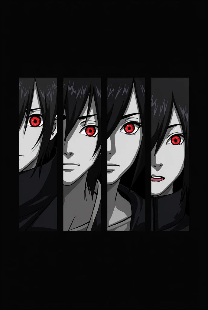 Can you generate a 11inx17in horizontal with 5 panels equally spaced with 4 Uchihas, Sasuke, Madara, obito, Itachi. the only thing that will have color are their eyes and and glowing red. with everything else black and white.
