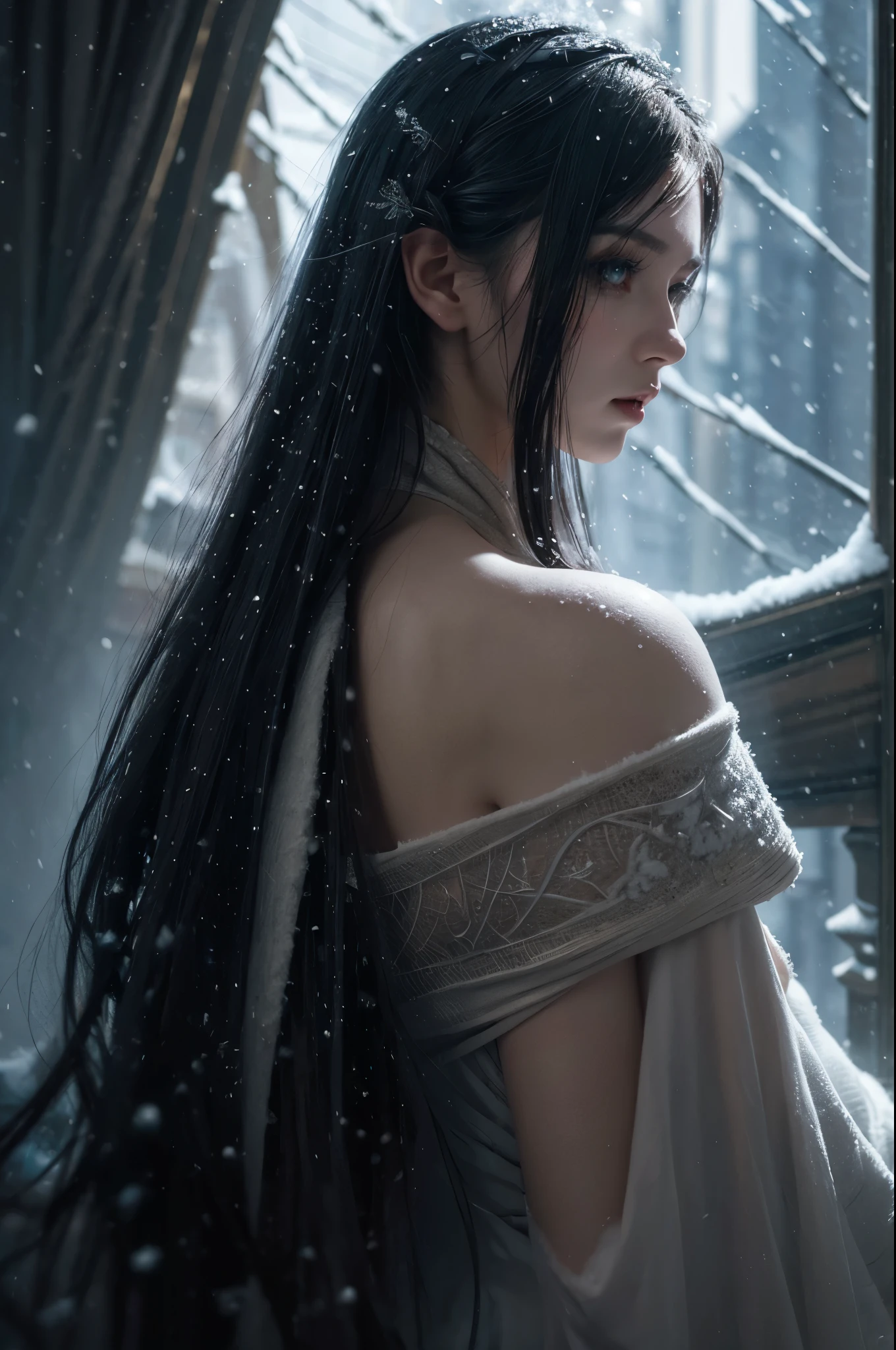 (snowstorm, dissolve:1.3), greg rutkowski style, many details, symmetric, dark fantasy, dark botanical, intricate, tattoo, imaginative, highly detailed
