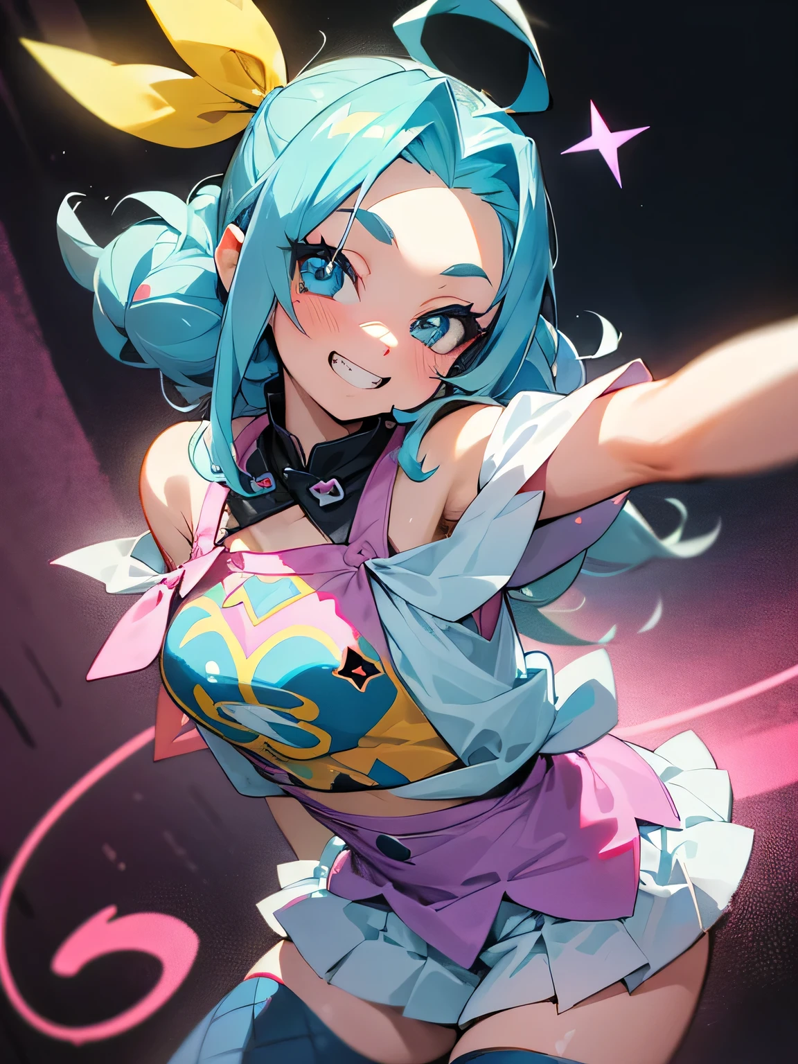 solo,(looking at viewer:1.2),((leaning foward:1.3)), (wariza),close up cute face,multicolor curly sideup hair, (tsurime), big forehead, eyelash, punk lady clothing, offshoulder, white camisole, pastel blue miniskirt, fishnet stockings, punk rock image, Sing a song、(diva),(I am the star）、grin