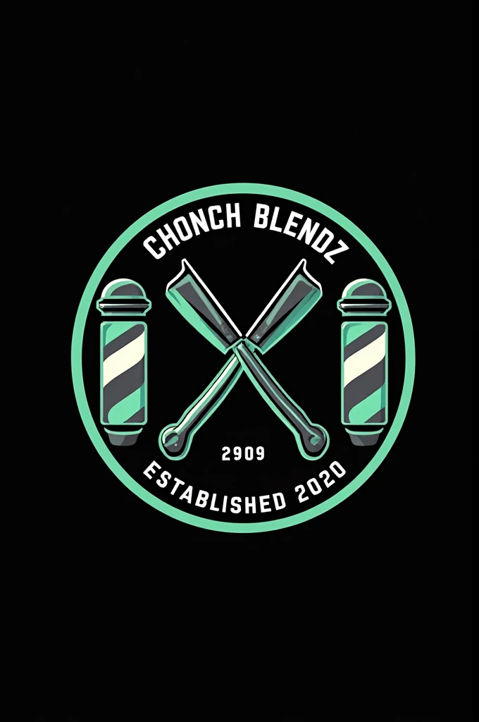 Create a flat vector, illustrative-style emblem logo design for a San Diego urban barber 'ChonchBlendz' established in 2020 , featuring barber poles , modern straight razors crossed in the center of the company name. Use bright green, blue, grey and white colors to convey trust, premium service and a luxury experience against a black background. English Writing established 2020