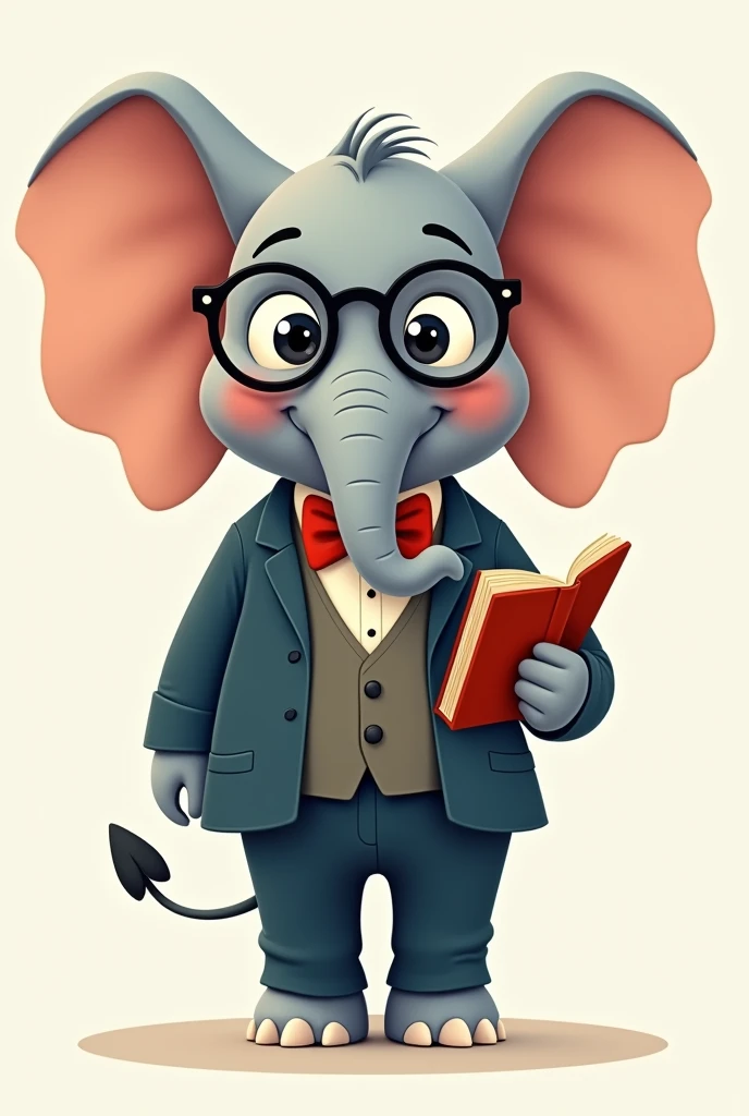 Create an image of a cartoon elephant with a nerdy appearance The elephant should be wearing a suit, round glasses, a bow tie, and holding a book. The elephant should have a friendly and intelligent expression, with large ears and a playful, slightly whimsical style. The background should be simple, allowing the character to stand out."